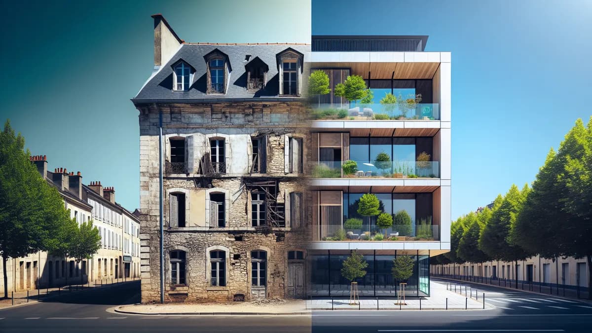 Comparaison visuelle entre un immeuble ancien et un appartement neuf moderne en France
