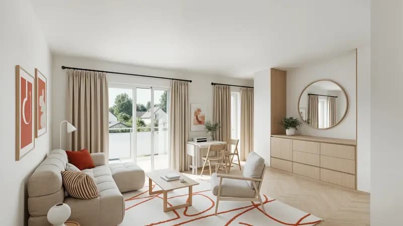 Salon lumineux d'un appartement neuf éligible PTZ 2026 - intérieur moderne avec parquet, baie vitrée et décoration contemporaine
